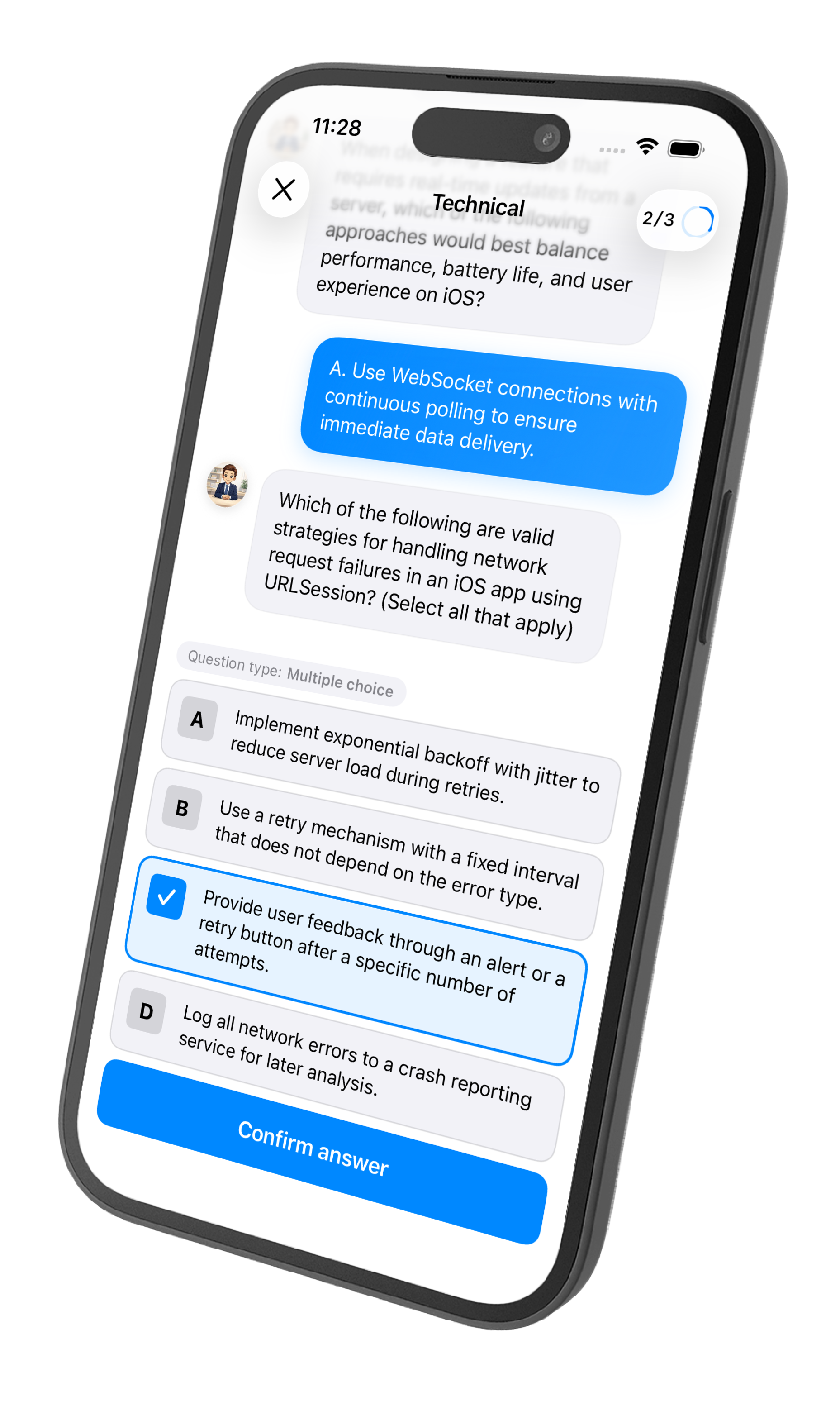 Interview chat with a multi-choice question
