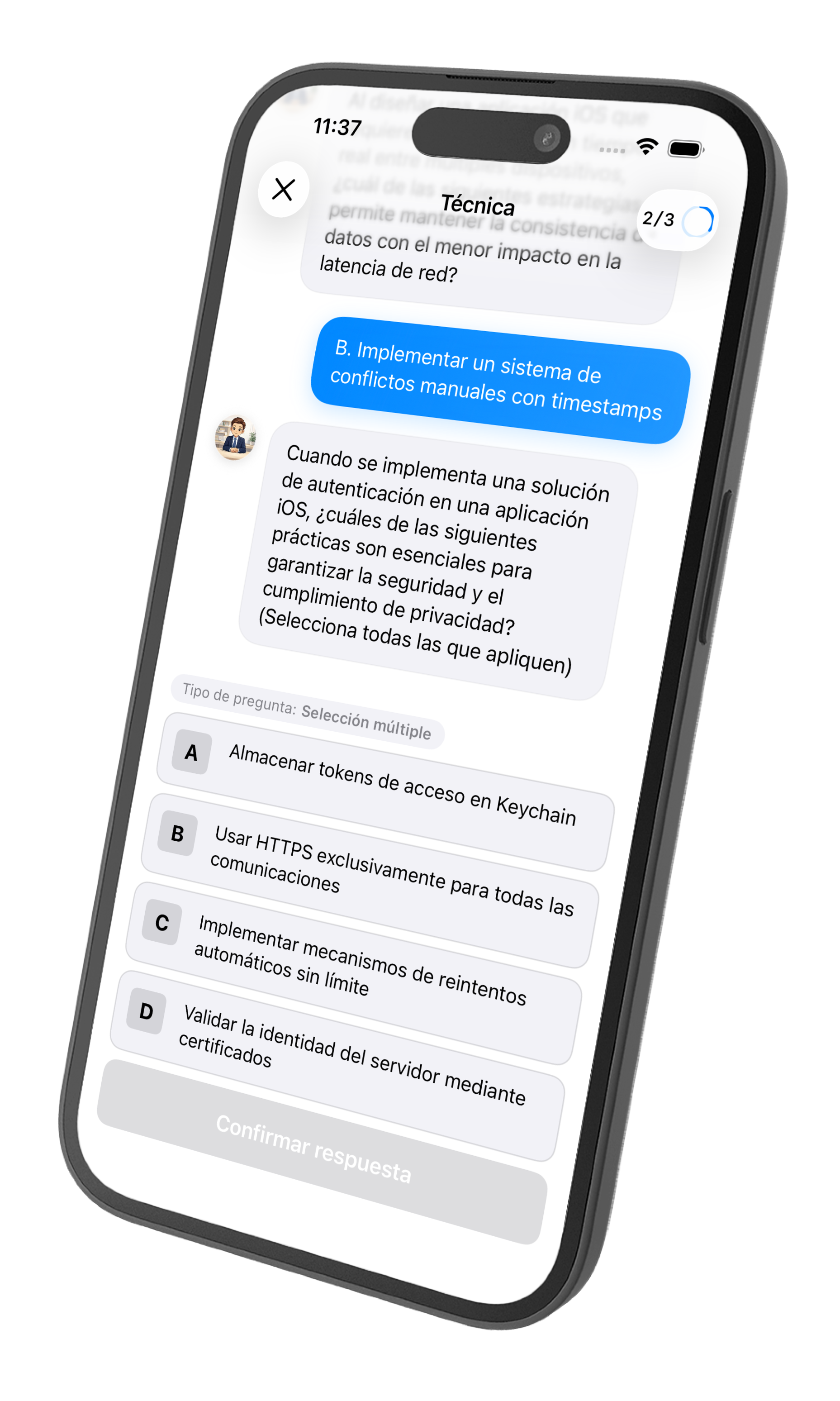 Chat de entrevista con pregunta de opción múltiple
