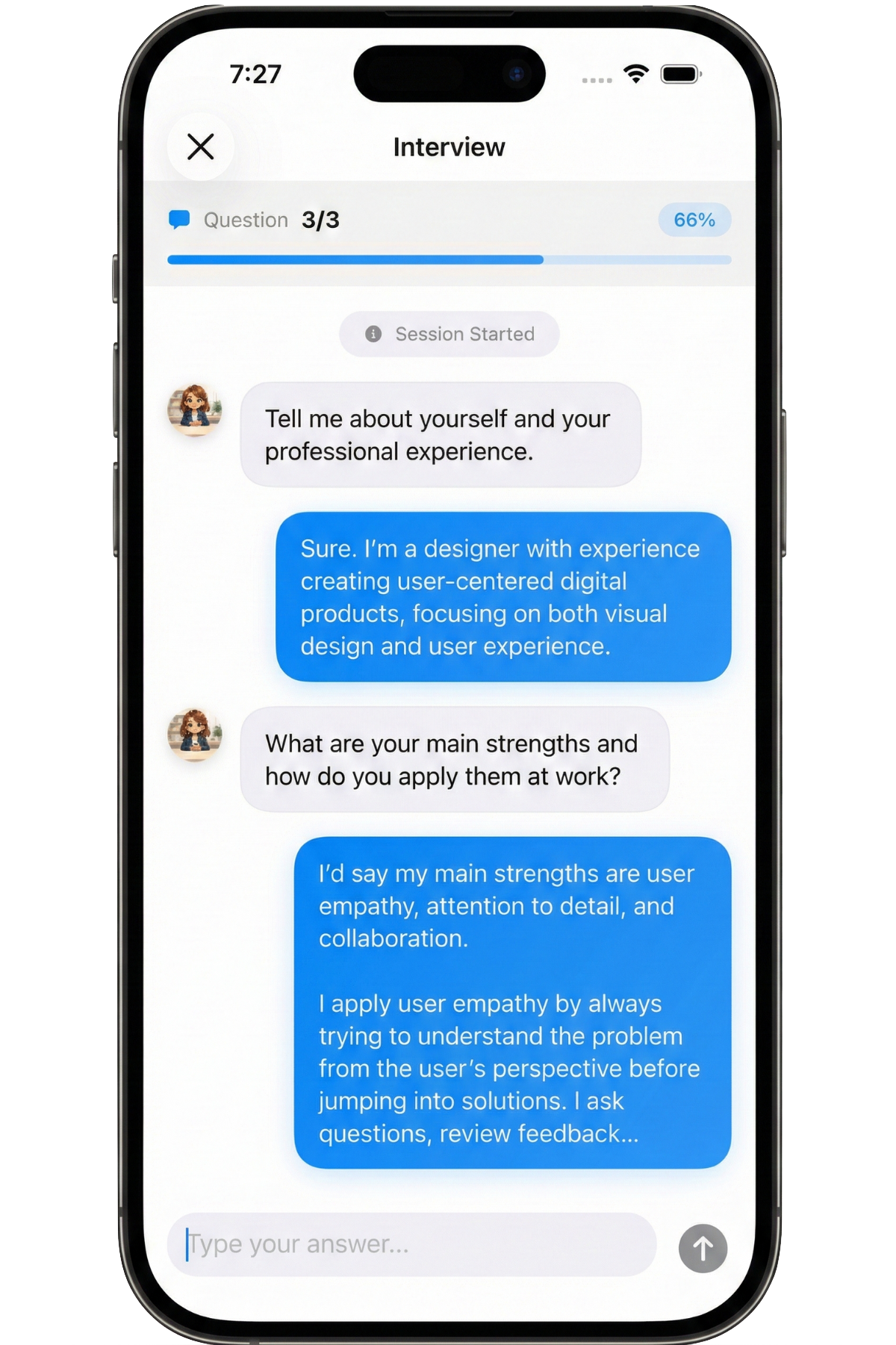 Pantalla de entrevista