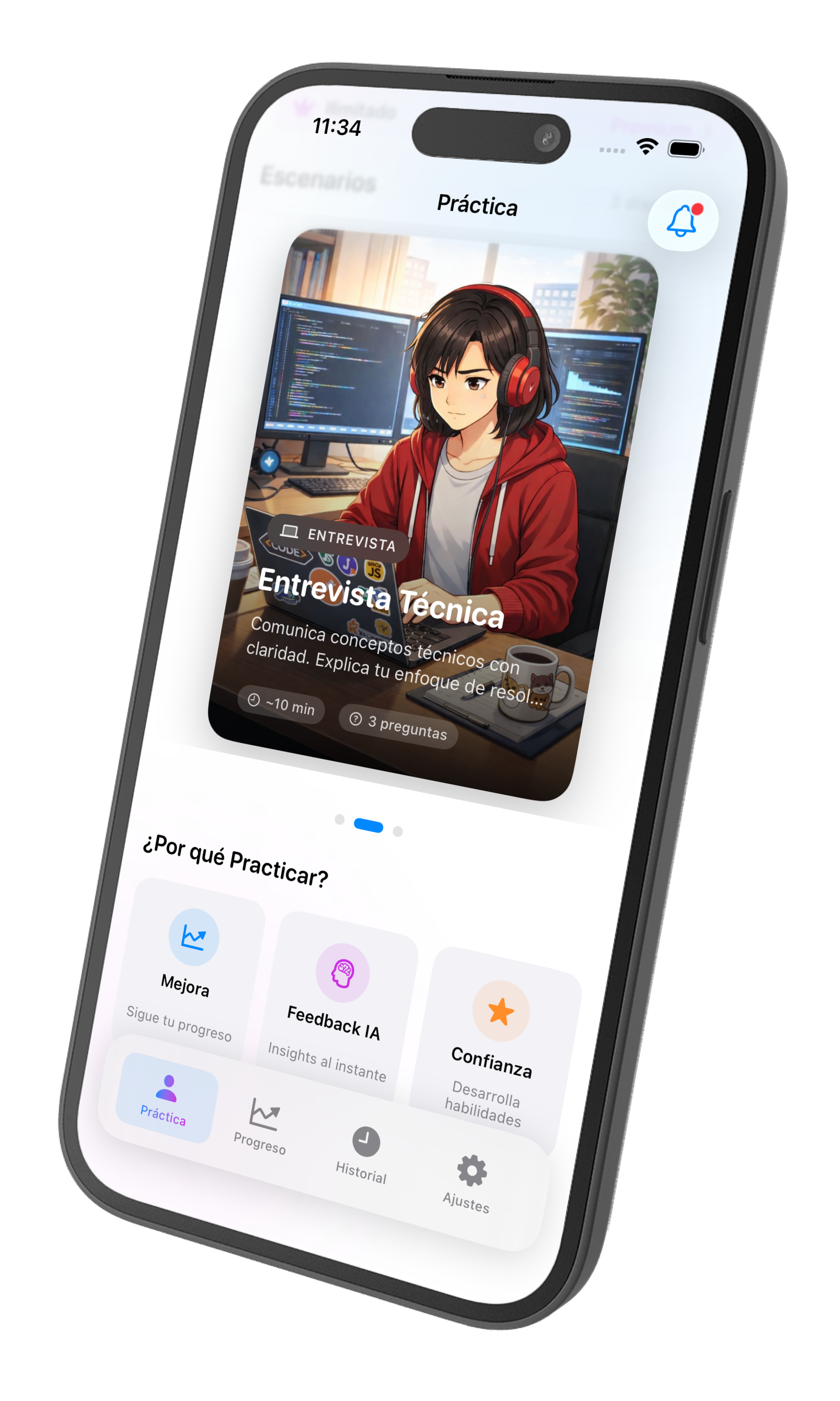 Selector de escenarios con la tarjeta Entrevista Técnica